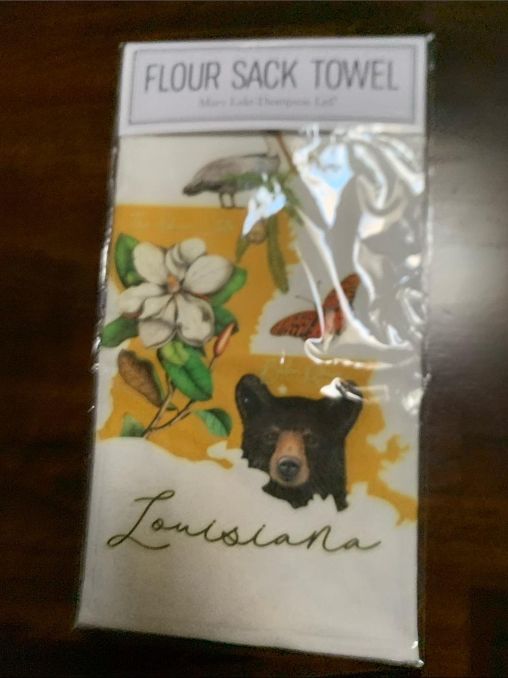 Flour Sack Towel - Louisiana Bear & Magnolia Design - Yellow & White